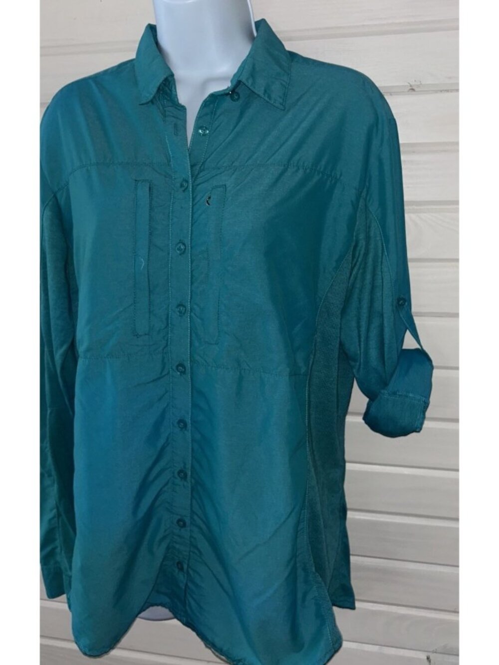 Kuhl Sz LARGE Aqua Blue Airspeed Shirt Button Up Nylon Roll Tab Sleeves EUC